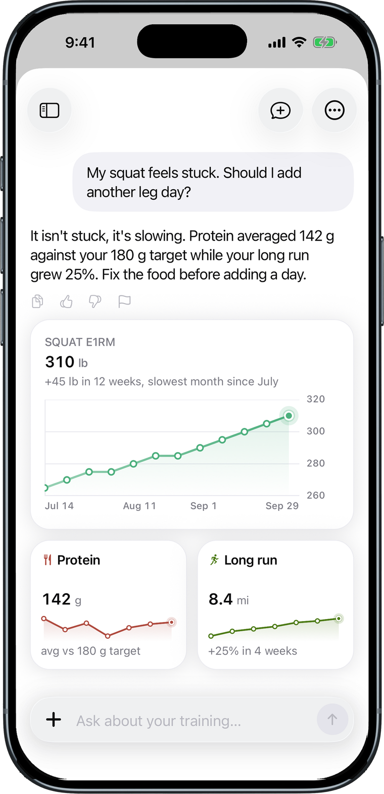 A conversation with the Base coach, answering with a squat chart and protein and long-run tiles